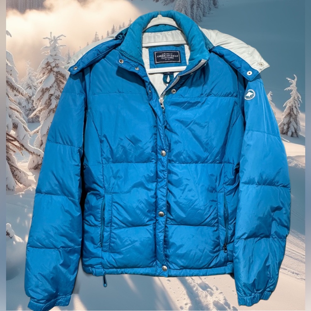 American Eagle Down Puffer Jacket 90% Duck Down Turquoise Blue Hooded Coat